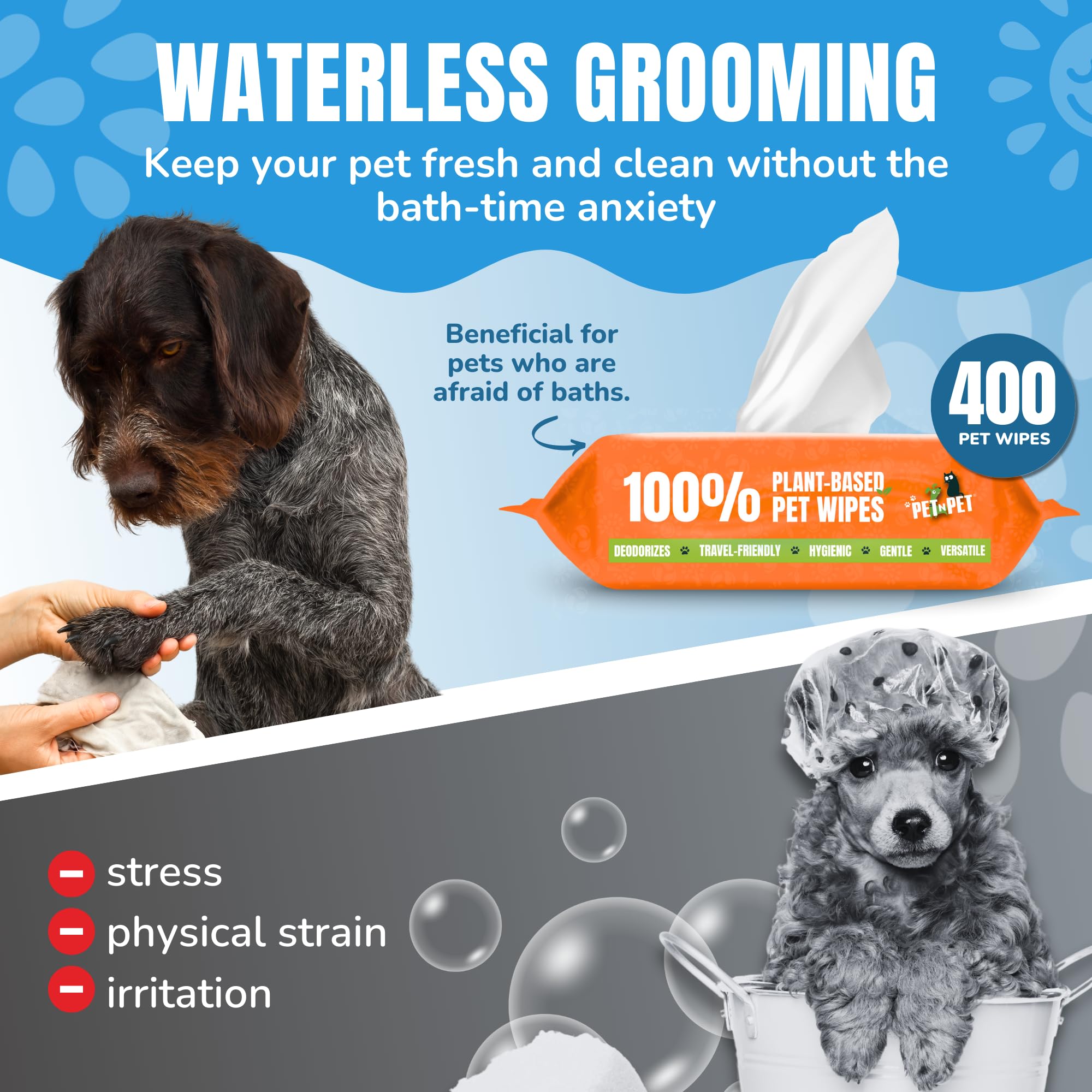 Pet N Pet 100% Plant Based Dog Wipes For Paws And Butt, 400 Counts Hypoallergenic Unscented Dog Pet Wipes, 8'' X 8''